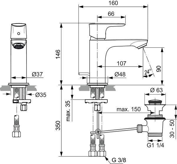 Ideal Standard Connect Air Waschtischarmatur Slim 5 l/min mit Ablaufgarnitur, Ausladung 107 mm, Chrom