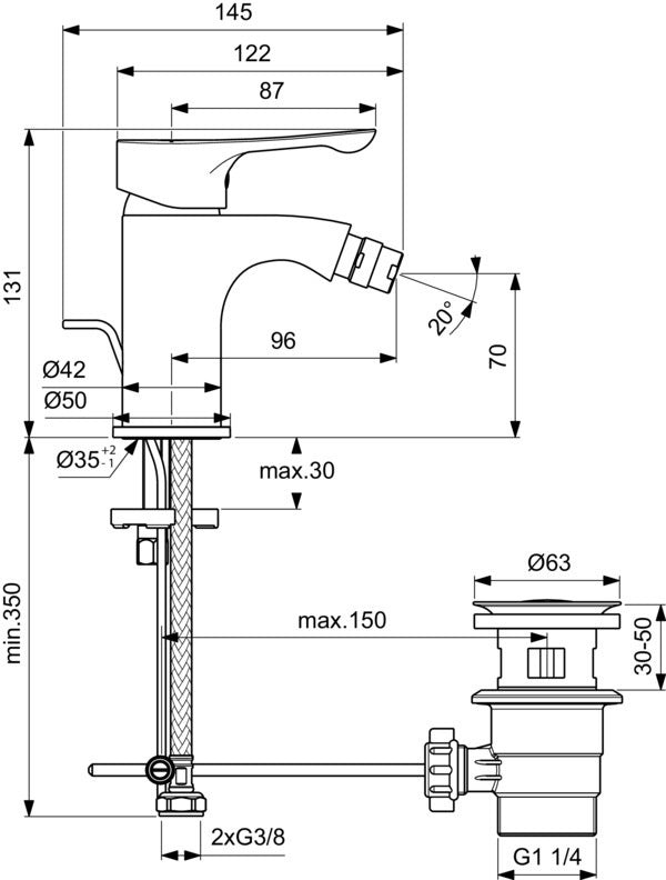 Ideal Standard Alpha Bidetarmatur Chrom mit Ablaufgarnitur und 96 mm Ausladung