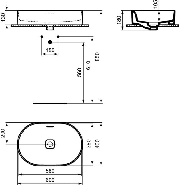 Ideal Standard Aufsatzwaschtisch Strada II 600x400mm Weiß, ohne Hahnloch, mit Überlauf