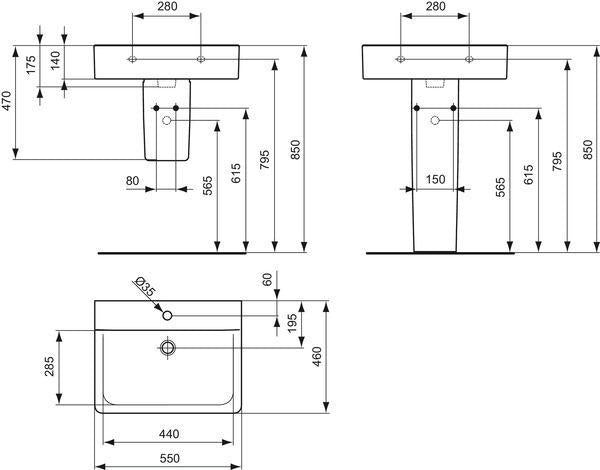 Ideal Standard Connect Cube Waschtisch 550x460mm, 1 Hahnloch, ohne Überlauf, Weiß