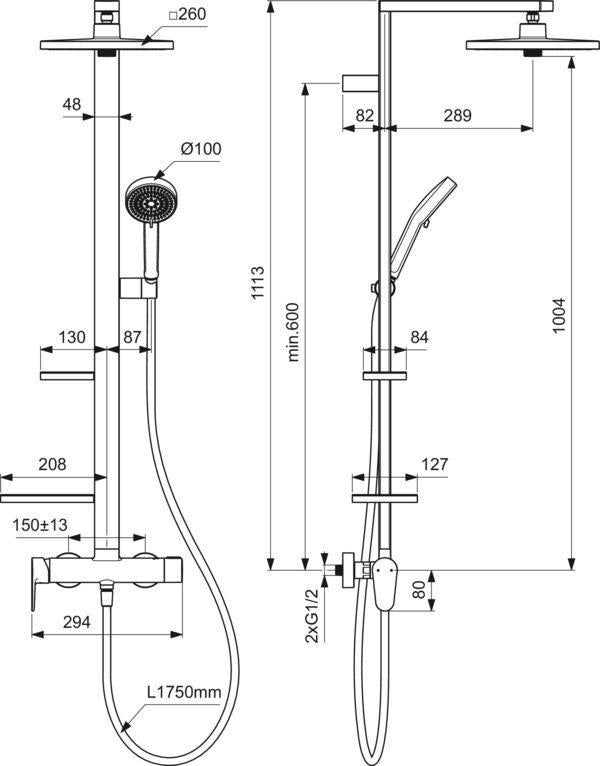 Ideal Standard Ceraflow Alu+ Duschsystem mit Brausearmatur, 2 Ablagen und 2-Funktions-Handbrause in Silver