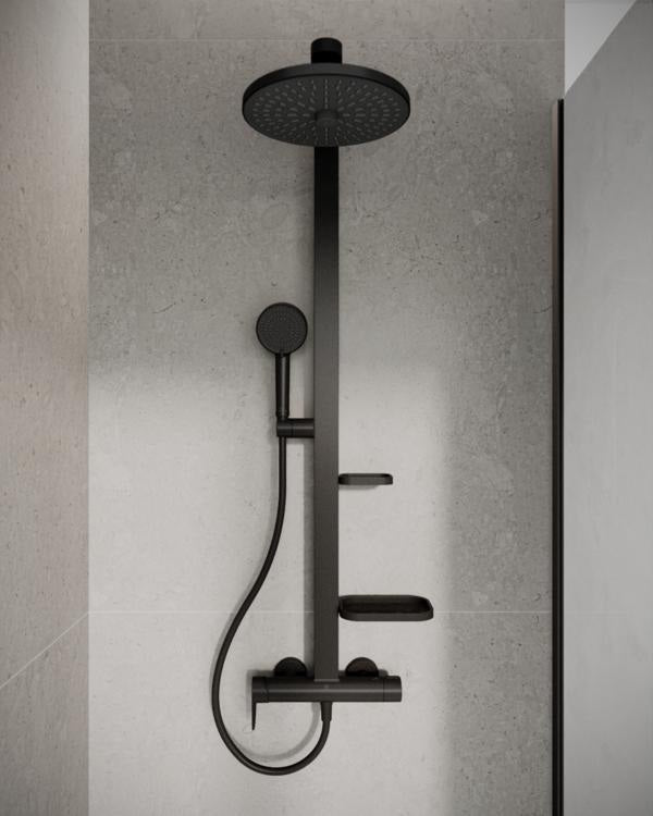 IDEAL STANDARD Duschsystem Ceraflow Alu+ mit Brausearm, 2 Ablagen, 2-Funktions-Handbrause und Kopfbrause Rose