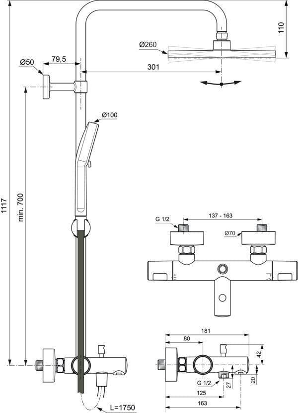 IDEAL STANDARD Duschsystem Ceratherm T25 mit Badethermostat, runder Kopfbrause und Handbrause in Chrom