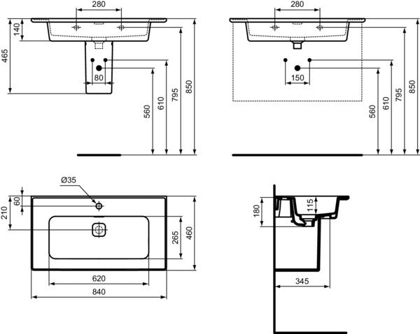 Ideal Standard Möbelwaschtisch Strada II 840x460mm – 1 Hahnloch, mit Überlauf, Weiß