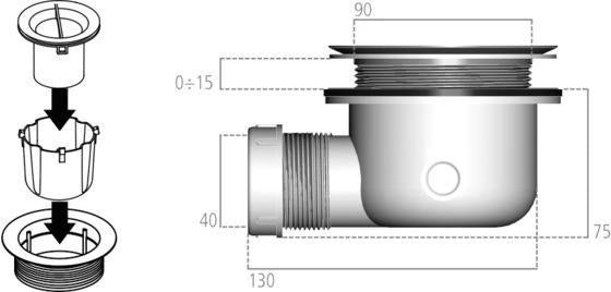 IDEAL STANDARD Ablaufgarnitur Ultra Flat S ohne Deckel, 90mm, Kunststoff, grau