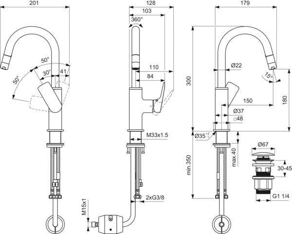 Ideal Standard Ceralife C Waschtischarmatur mit Push-Open-Ablaufventil, 150 mm Auslauf, Chrom