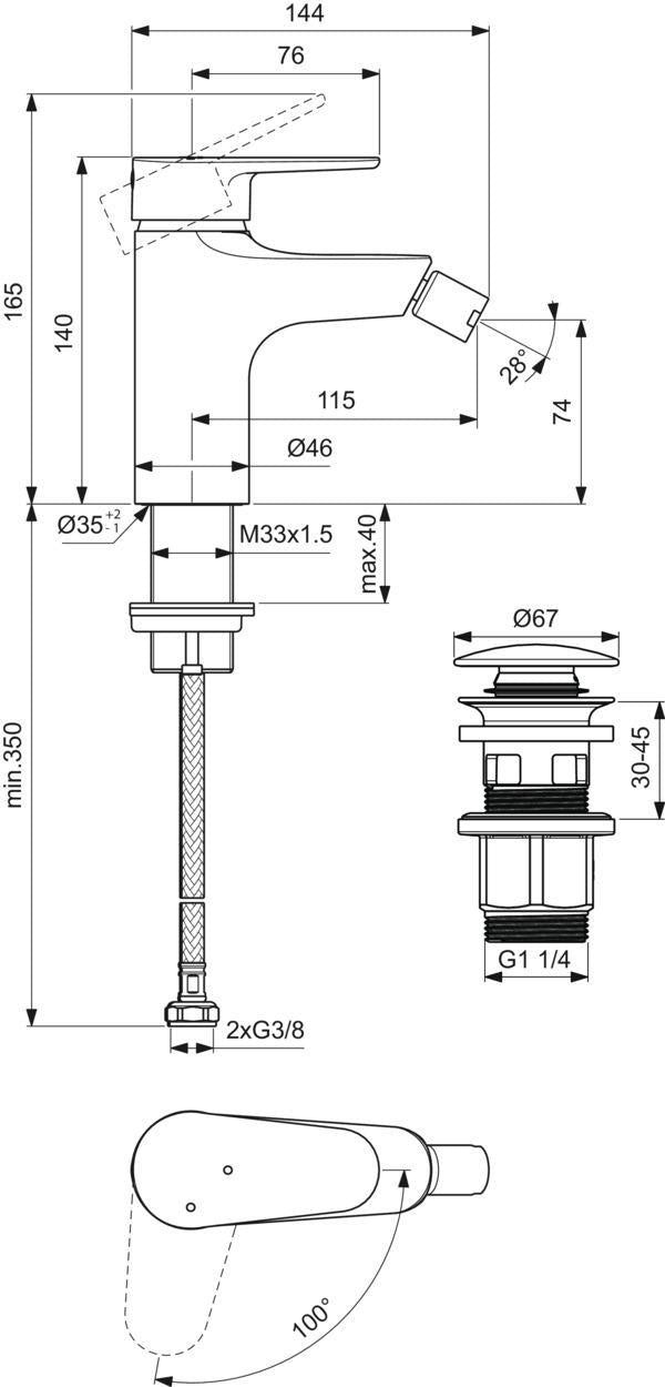 Ideal Standard Alu+ Bidetarmatur 115 mm Ausladung mit Ablaufgarnitur und BlueStart