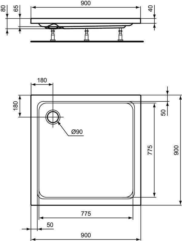 IDEAL STANDARD Hotline Neu Quadrat-Brausewanne 1000x1000x80 mm in Weiß – Sanitäracryl glänzend