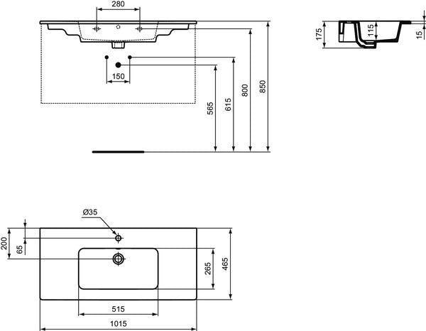 Ideal Standard Eurovit Möbelwaschtisch 1015x465 mm Weiß mit Überlauf und 1 Hahnloch