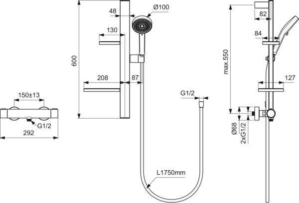 IDEAL STANDARD Ceratherm Alu+ Brausegarnitur 600 mm mit Thermostat, Handbrause 2-Funktion und Seifenschale
