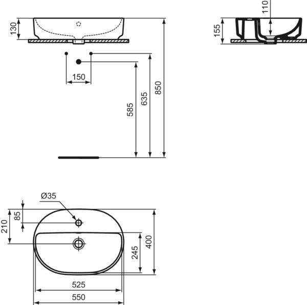 IDEAL STANDARD i.life O Aufsatzwaschtisch 550x400mm Weiß, 1 Hahnloch, mit Überlauf