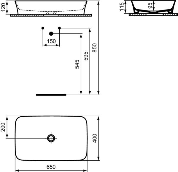 IDEAL STANDARD Ipalyss Aufsatzschale 650x400x120mm Weiß ohne Hahnloch