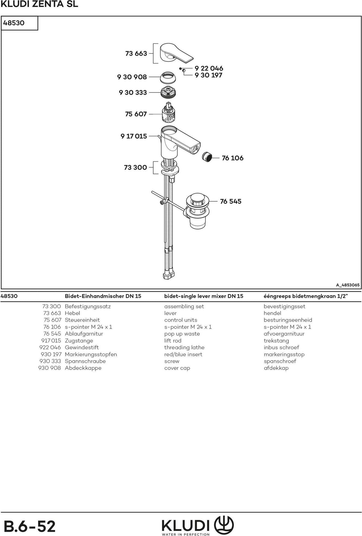 KLUDI ZENTA SL Bidet-Einhandmischer mit Ablaufgarnitur – Chrom, DN 15, Keramik-Kartusche