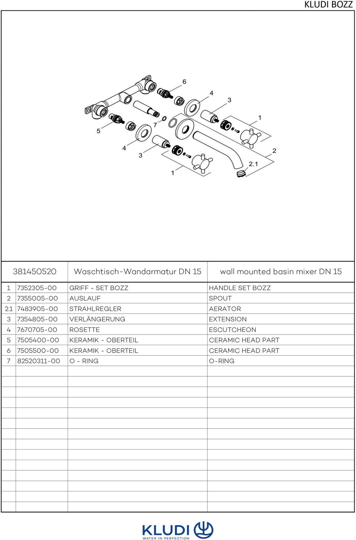 KLUDI BOZZ Waschtisch-Wandarmatur DN 15, 230 mm Ausladung, Kreuzgriffe, verchromt