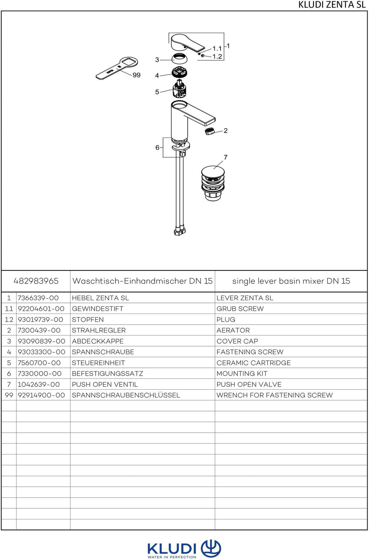 KLUDI ZENTA SL Waschtisch-Einhandhebelmischer mit Push-Open-Ablaufventil, chrom