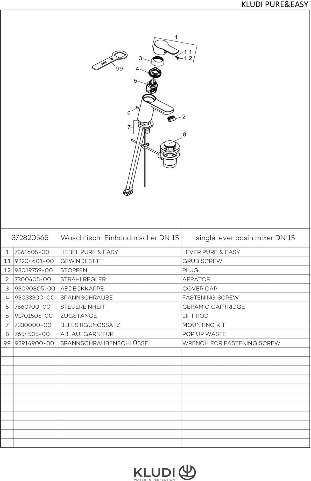 KLUDI PURE&EASY Waschtisch-Einhandmischer 70 mit Ablaufgarnitur – Chrom