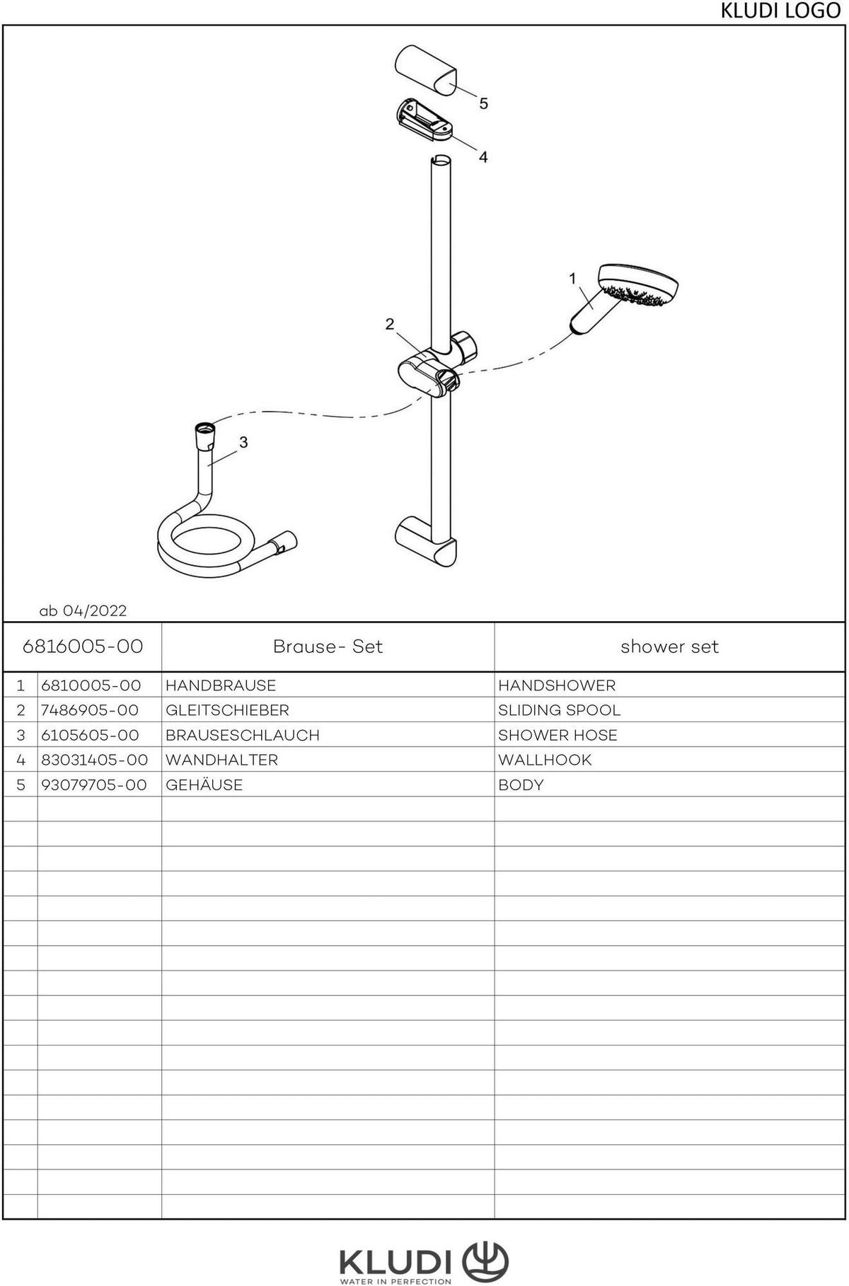 KLUDI LOGO 1S Brause-Set mit Wandstange 600 mm chrom – Handbrause, Schlauch & Halterung