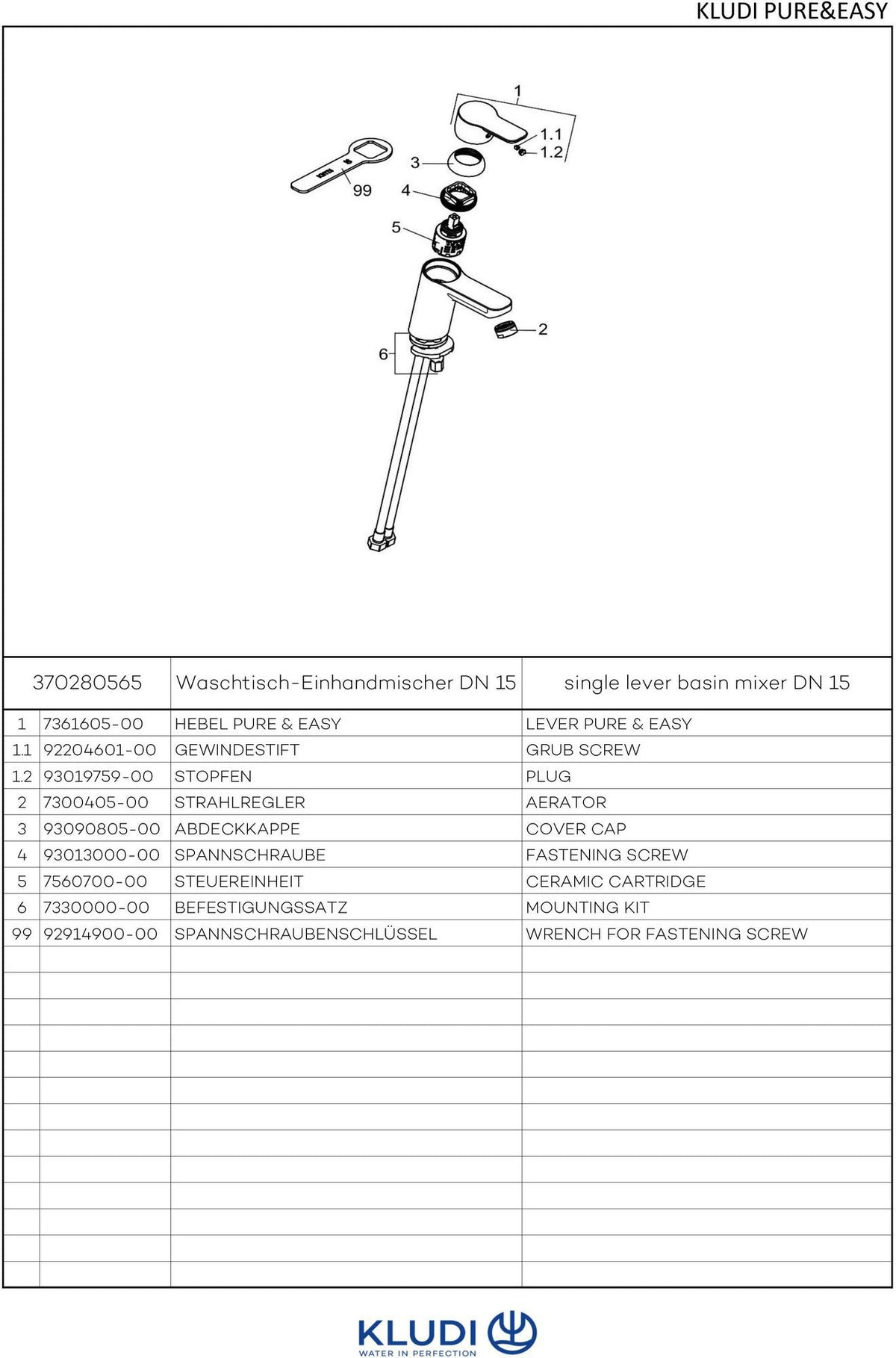KLUDI PURE&EASY Waschtisch-Einhandmischer 70 ohne Ablaufgarnitur, chrom – 1-Loch-Montage, PCA-Strahlregler