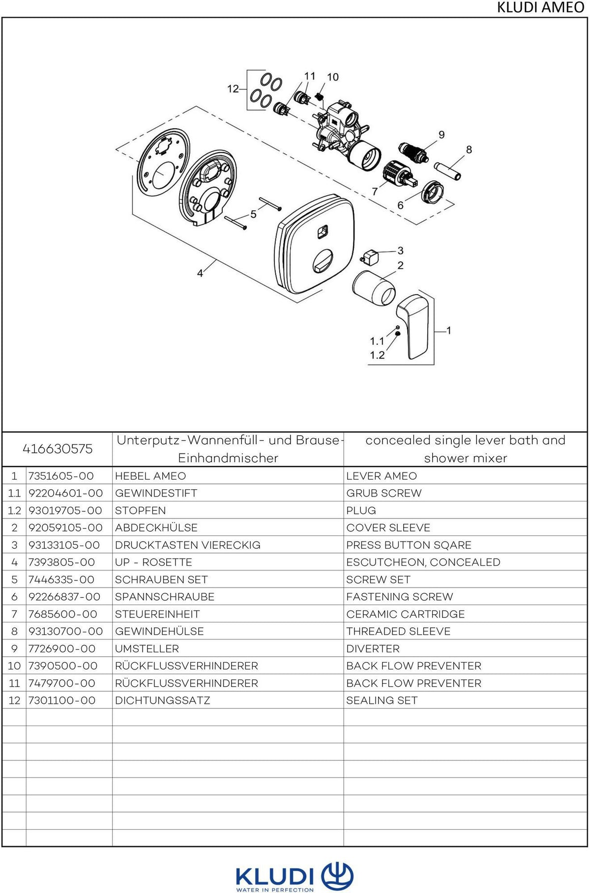 KLUDI AMEO Unterputz-Wannen- und Brausearmatur mit Push & Switch Funktion, chrom