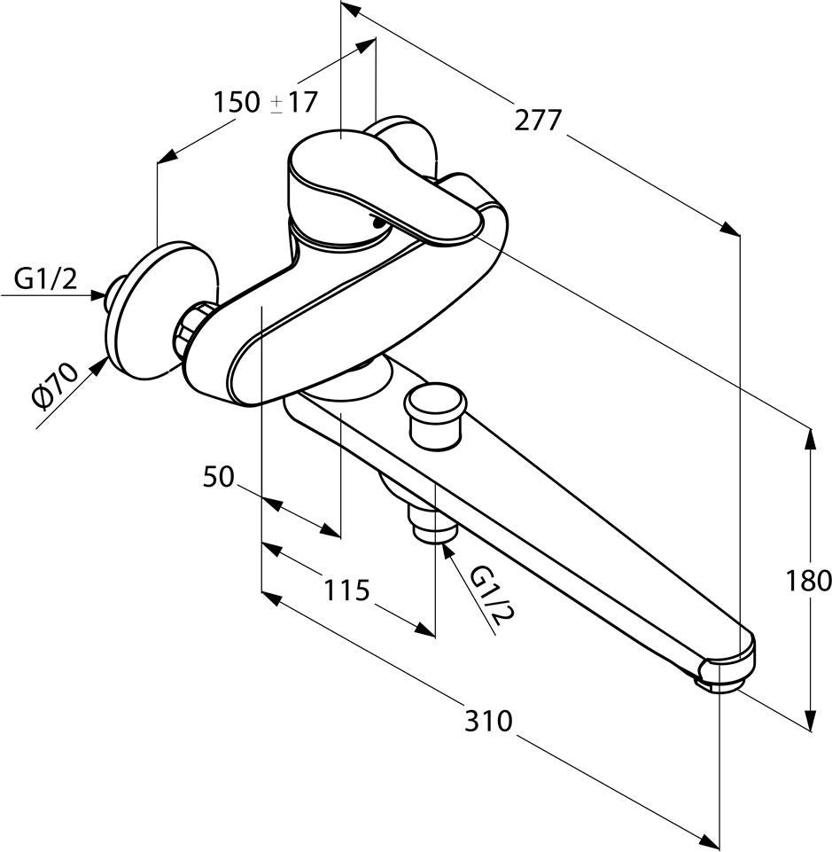 KLUDI PURE&SOLID Wannenfüll- und Brause-Einhandmischer DN 15, Ausladung 310 mm, Chrom – Wandmontage