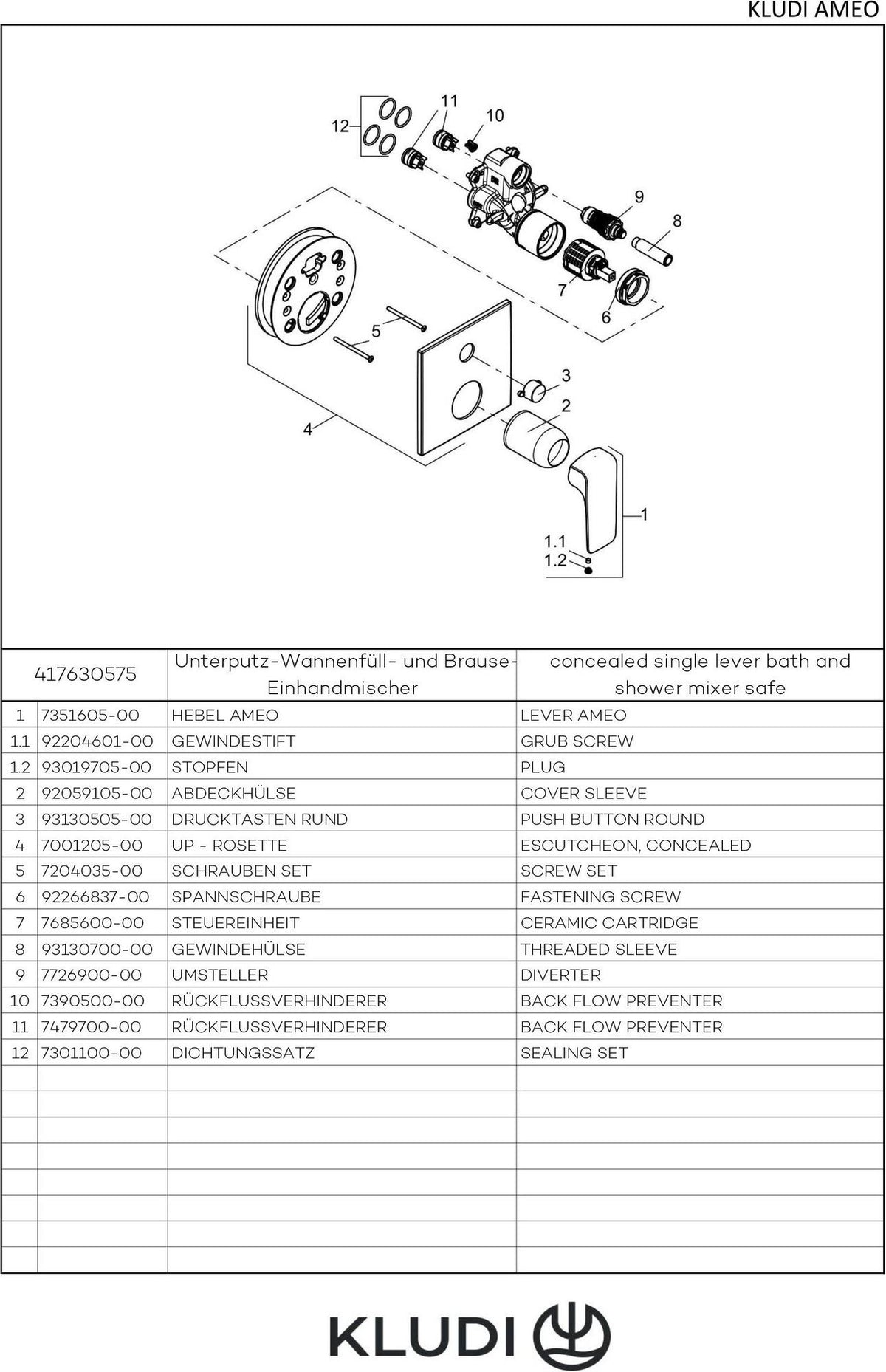 KLUDI AMEO Unterputz-Wannen- und Brausemischer mit Push&Switch, eigensicher, chrom