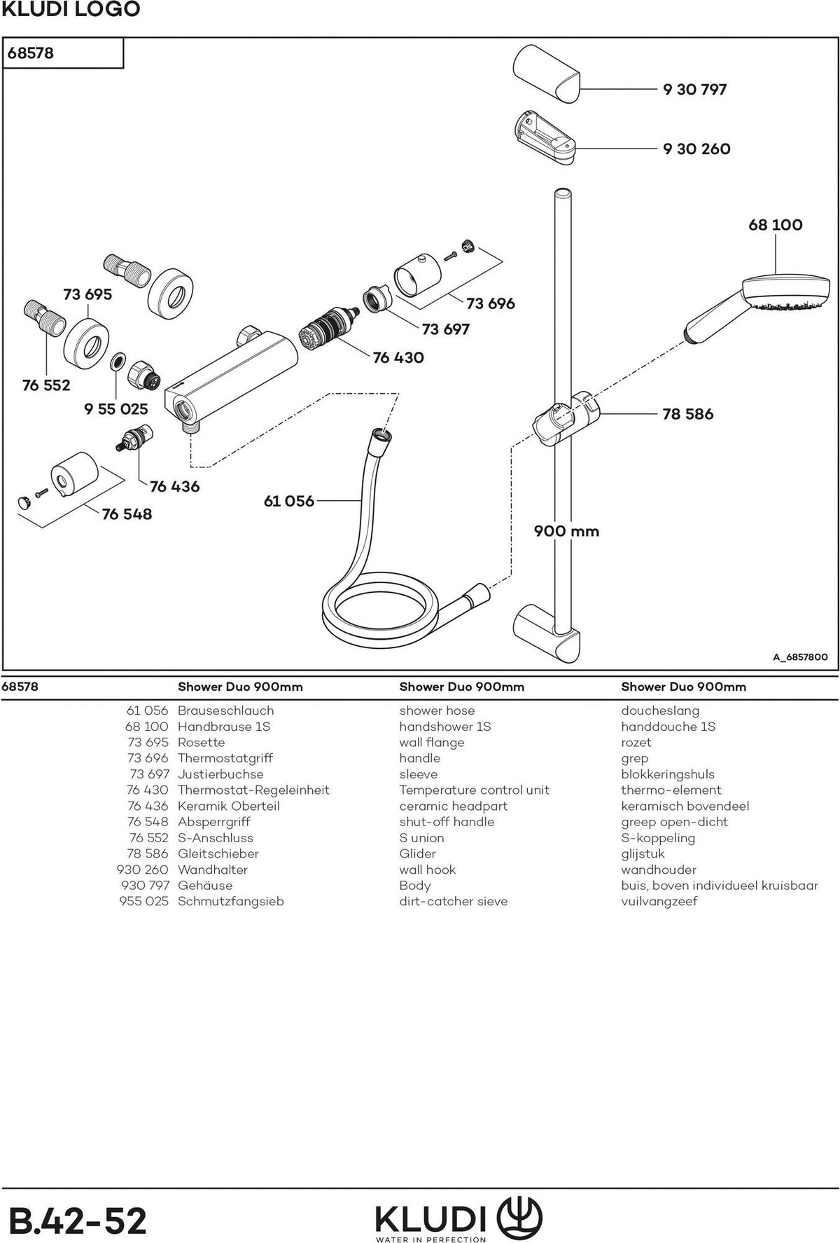 KLUDI LOGO Shower-Duo 1S Wandstange 600 mm chrom – Thermostat-Brausearmatur mit Verbrühschutz