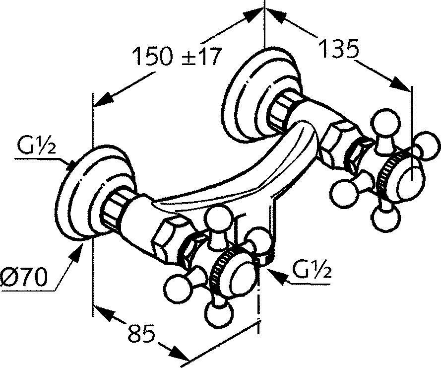 KLUDI 1926 Brausearmatur Wandmontage Chrom – Zweigriff-Brausebatterie mit Kreuzgriffen