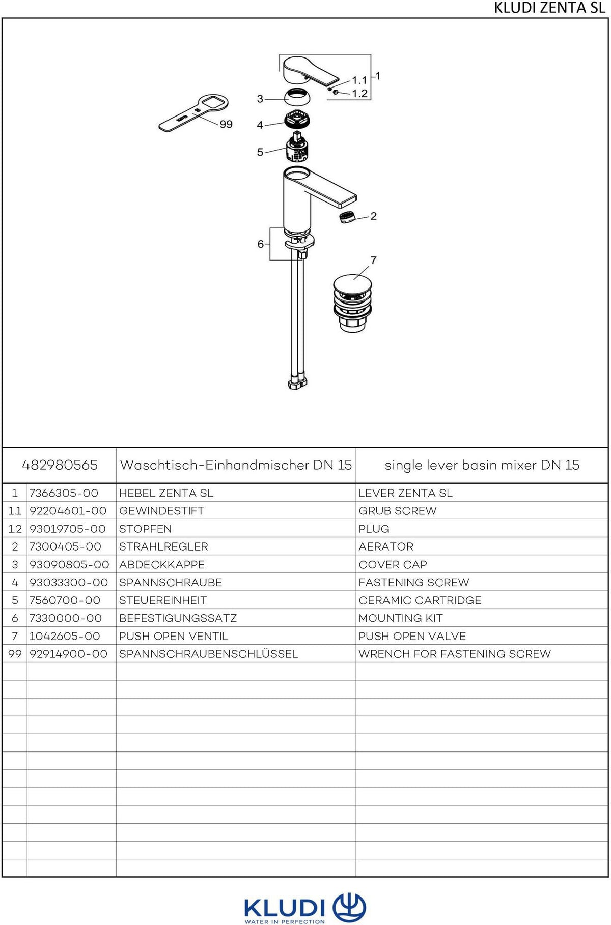 KLUDI ZENTA SL Waschtisch-Einhandhebelmischer mit Push-Open-Ablaufventil, chrom