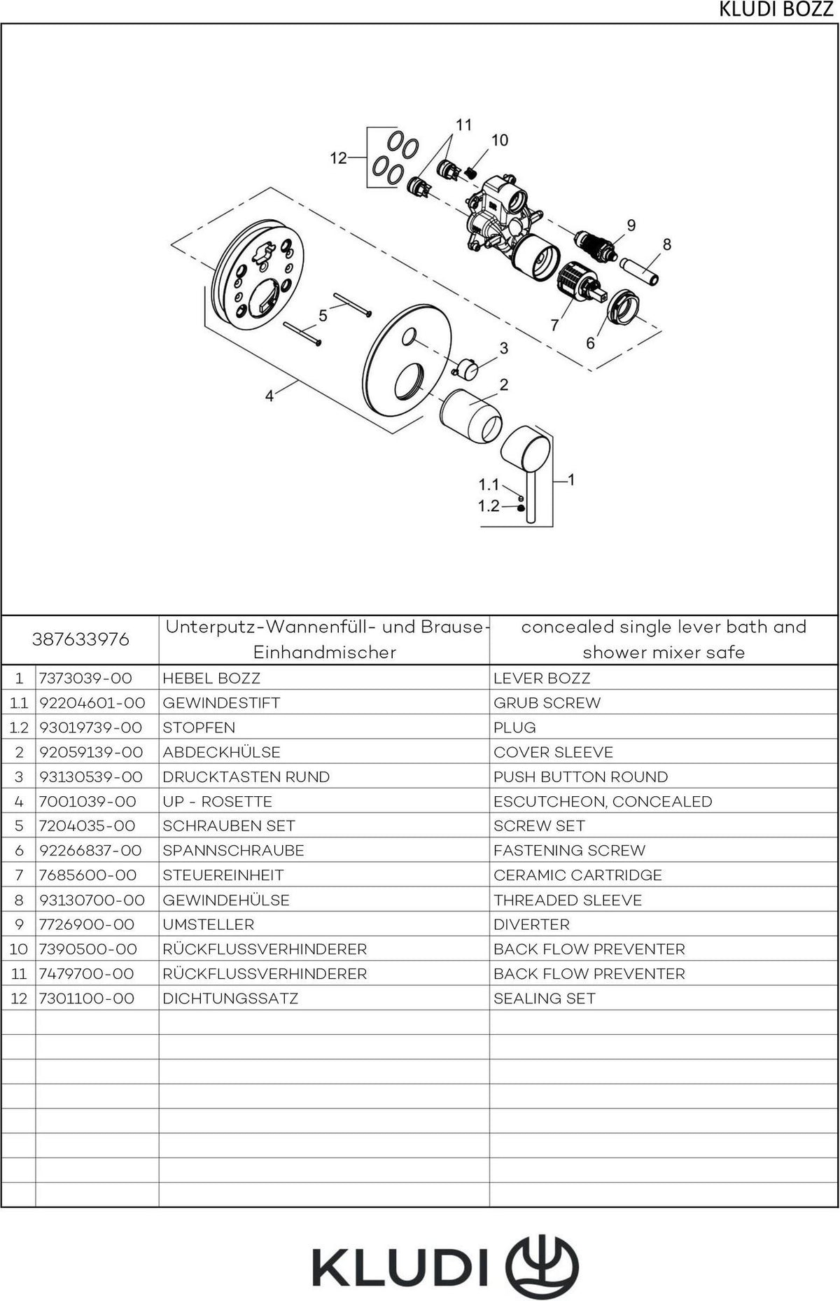 KLUDI BOZZ Unterputz-Wannen- und Brause-Einhandmischer mit Push&Switch, Chrom
