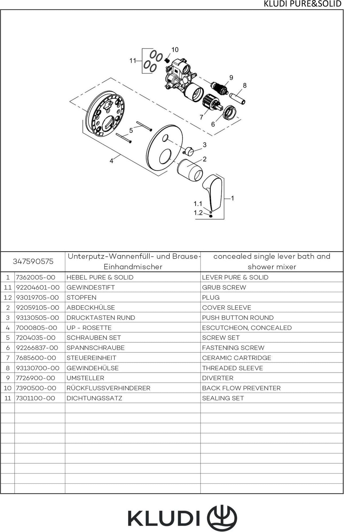 KLUDI PURE&SOLID Unterputz-Wannenfüll- und Brause-Einhandmischer PUSH&SWITCH Chrom