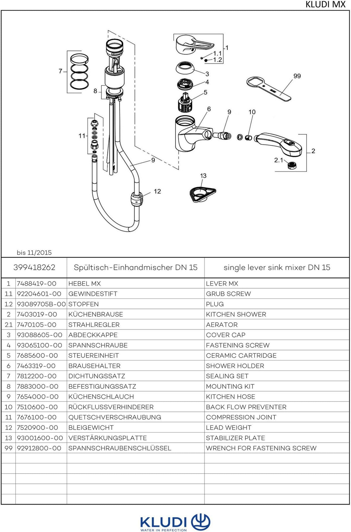 KLUDI MX Spültisch-Einhandmischer DN 15 mit herausziehbarer Geschirrbrause, chrom/mocca