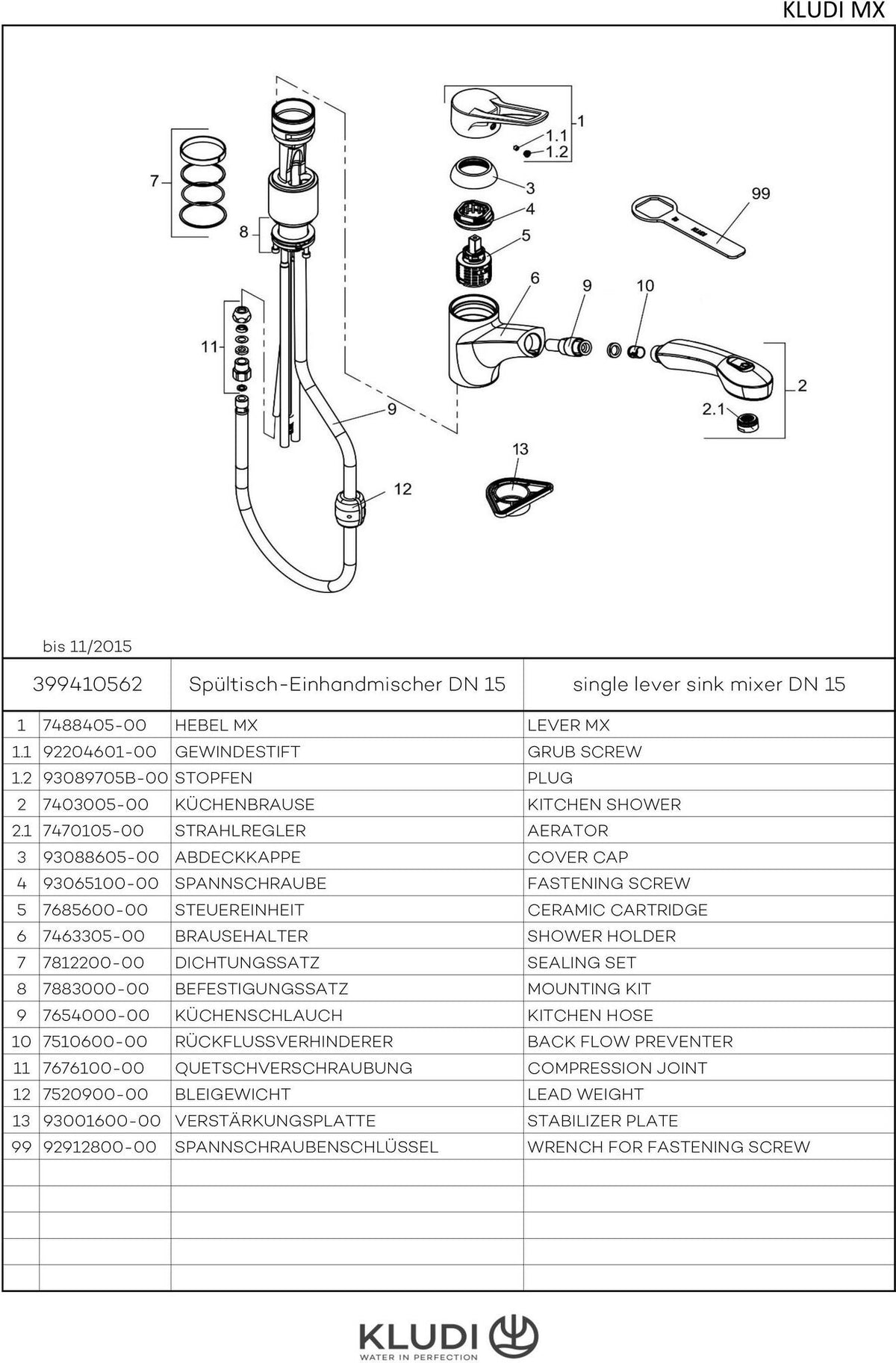 KLUDI MX Spültisch-Einhandmischer DN 15 mit herausziehbarer Geschirrbrause, chrom/mocca