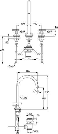 KLUDI NOVA FONTE Waschtischarmatur Deco Dreilochmontage chrom – 2-Griff-Armatur mit Ablaufgarnitur