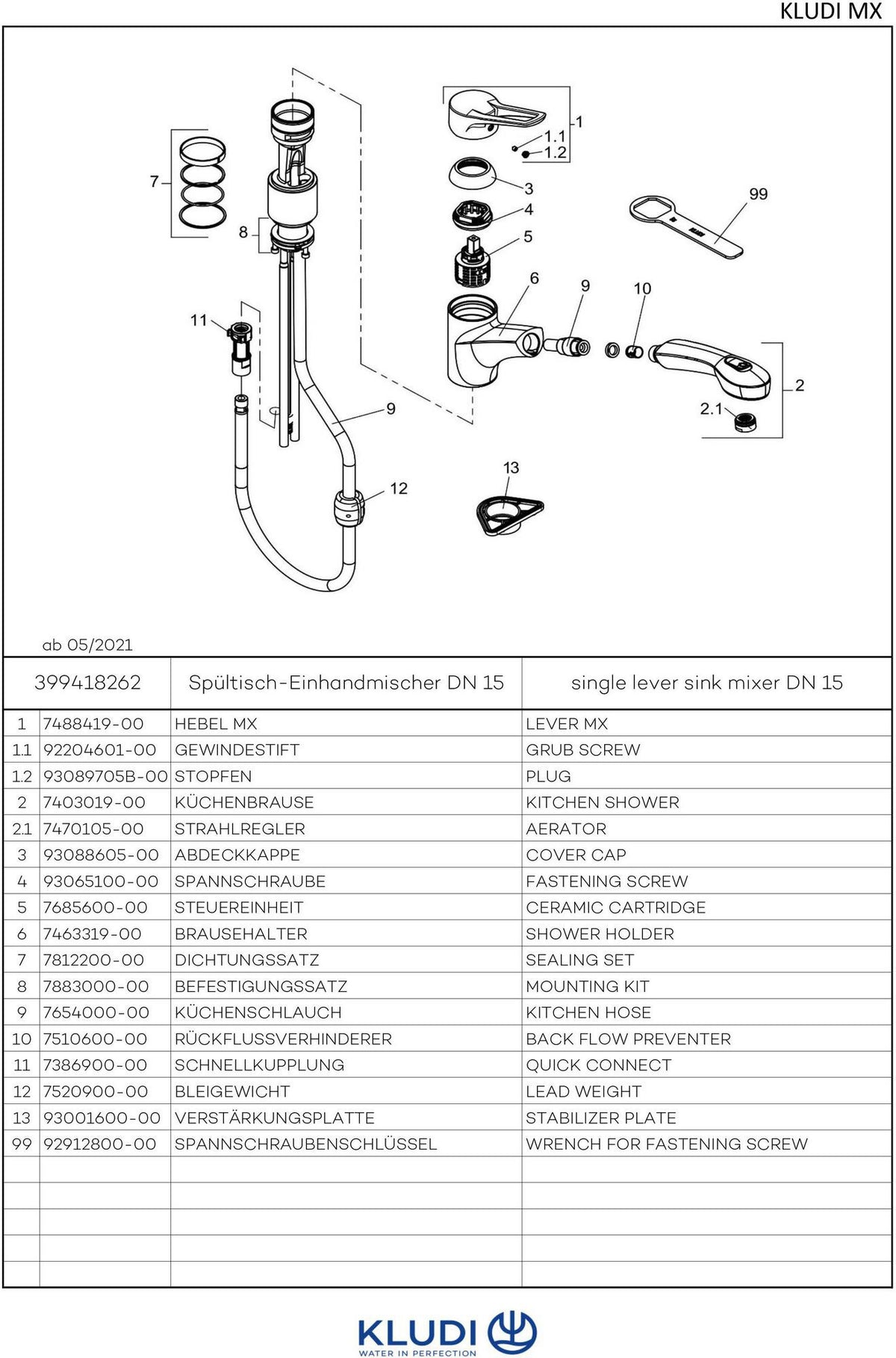 KLUDI MX Spültisch-Einhandmischer DN 15 mit herausziehbarer Geschirrbrause, chrom/mocca