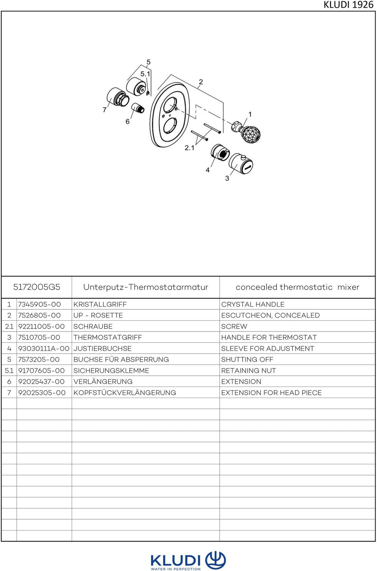 KLUDI 1926 Unterputz-Thermostatarmatur Feinbau-Set mit Absperrventil und Kristallgriff