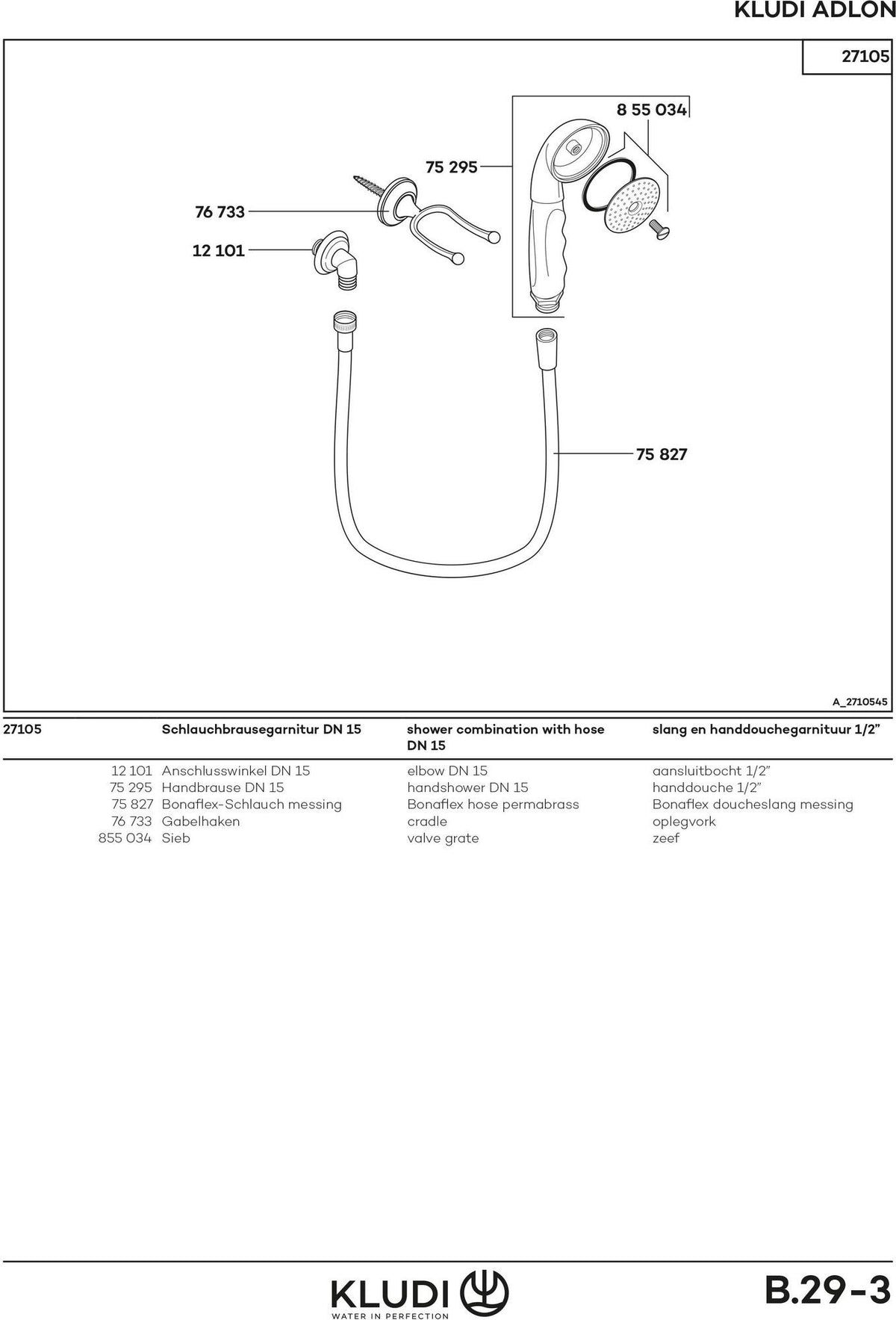 KLUDI 1926 Brausegarnitur Wandmontage chrom – Handbrause, Schlauch 1600 mm, DN 15