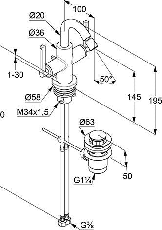 KLUDI NOVA FONTE Bidetarmatur PURISTIC Chrom – 2-Griff, 1-Loch, mit Ablaufgarnitur