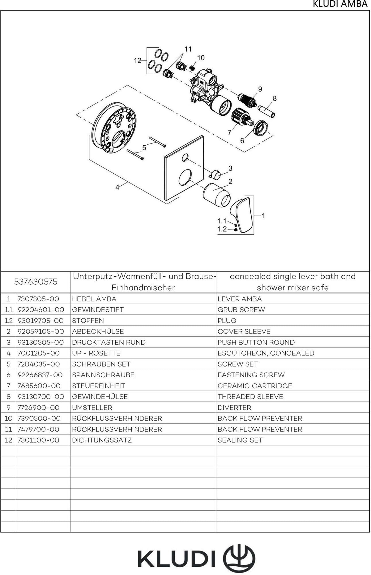 KLUDI AMBA Unterputz-Wannen- und Brause-Einhandmischer chrom mit PUSH&SWITCH