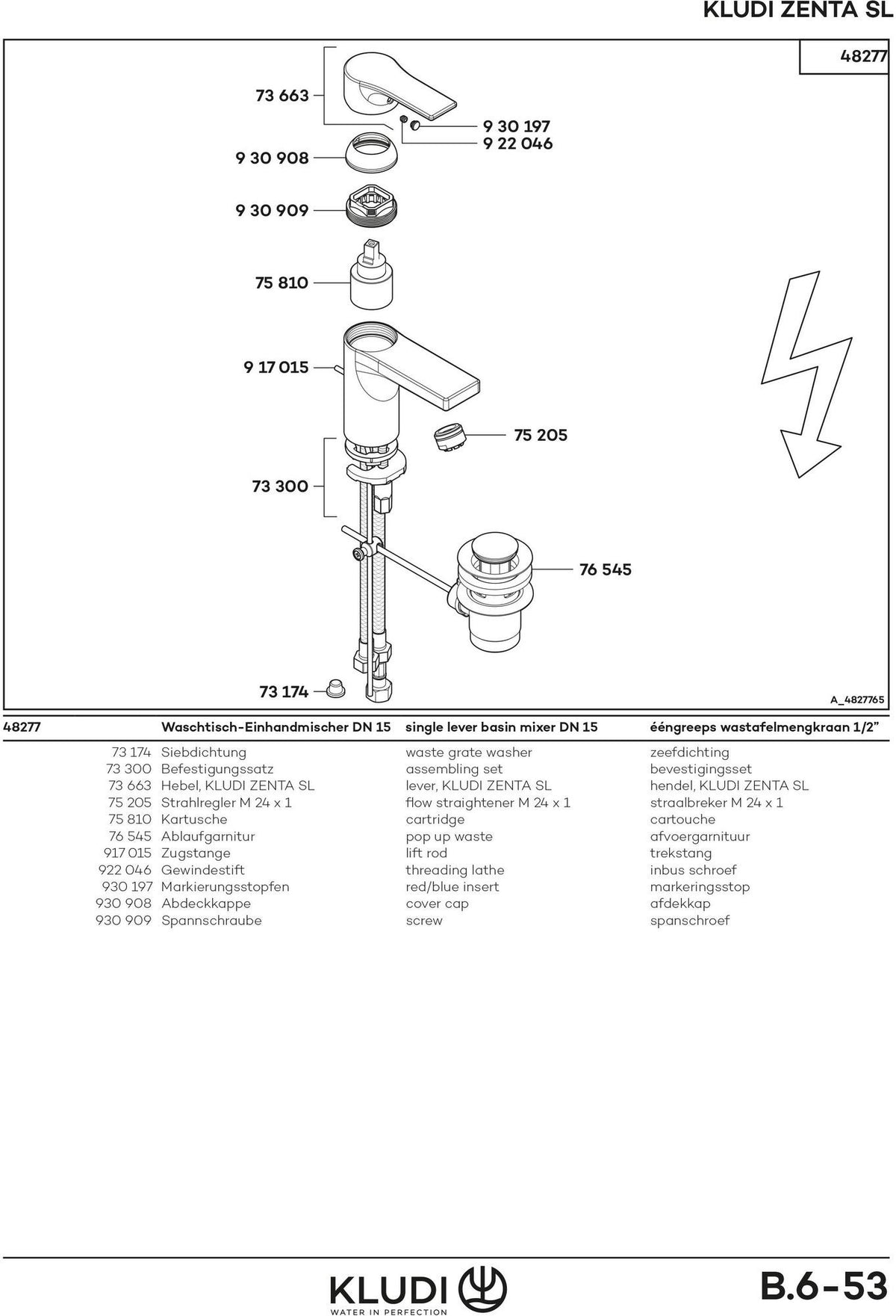 KLUDI ZENTA SL Waschtisch-Einhandmischer DN 15 – Niederdruck, 75 mm, mit Ablaufgarnitur, chrom