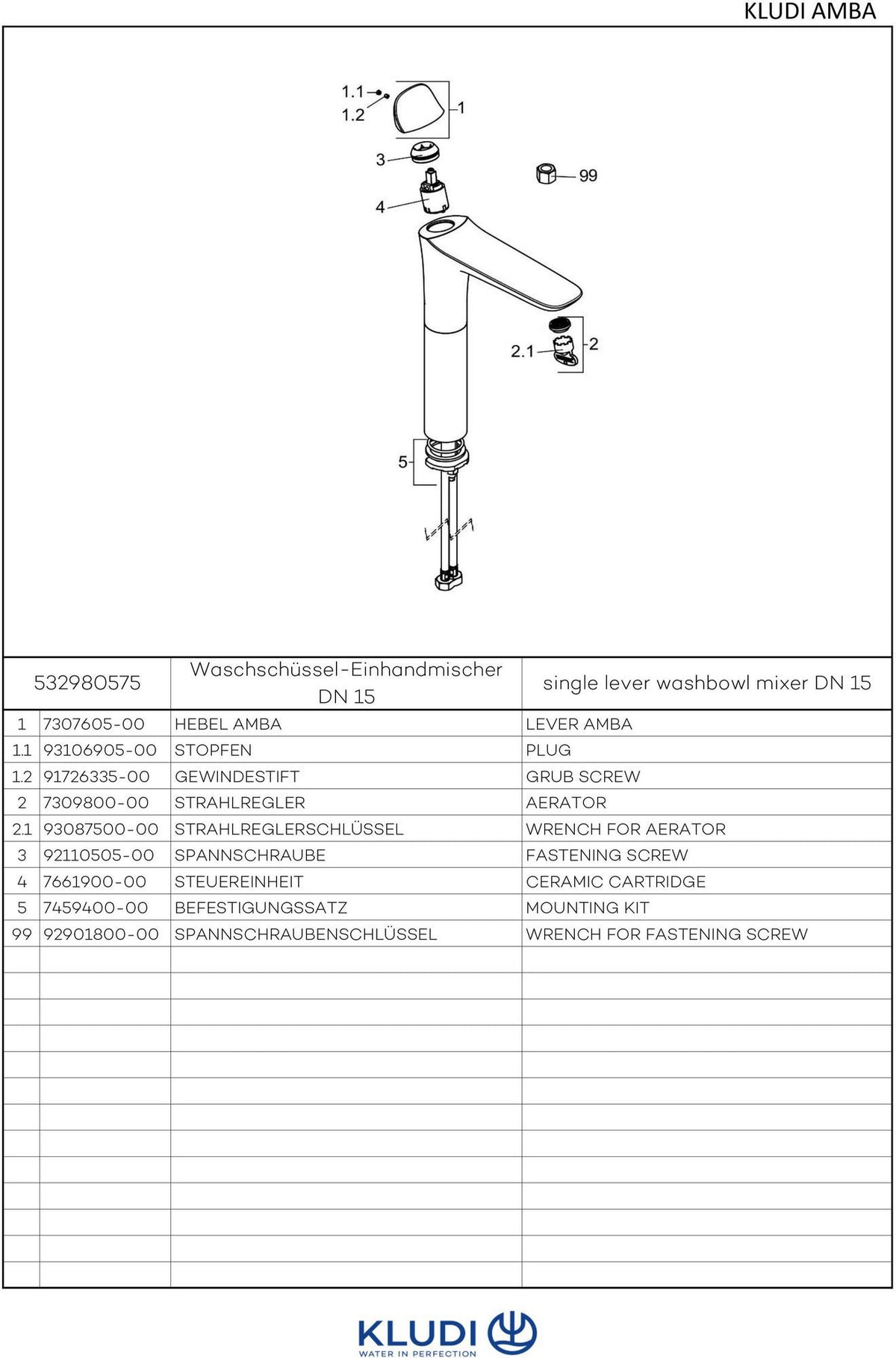 KLUDI AMBA Waschschüssel-Einhandmischer DN 15 chrom – Auslaufhöhe 273 mm, ohne Ablaufgarnitur