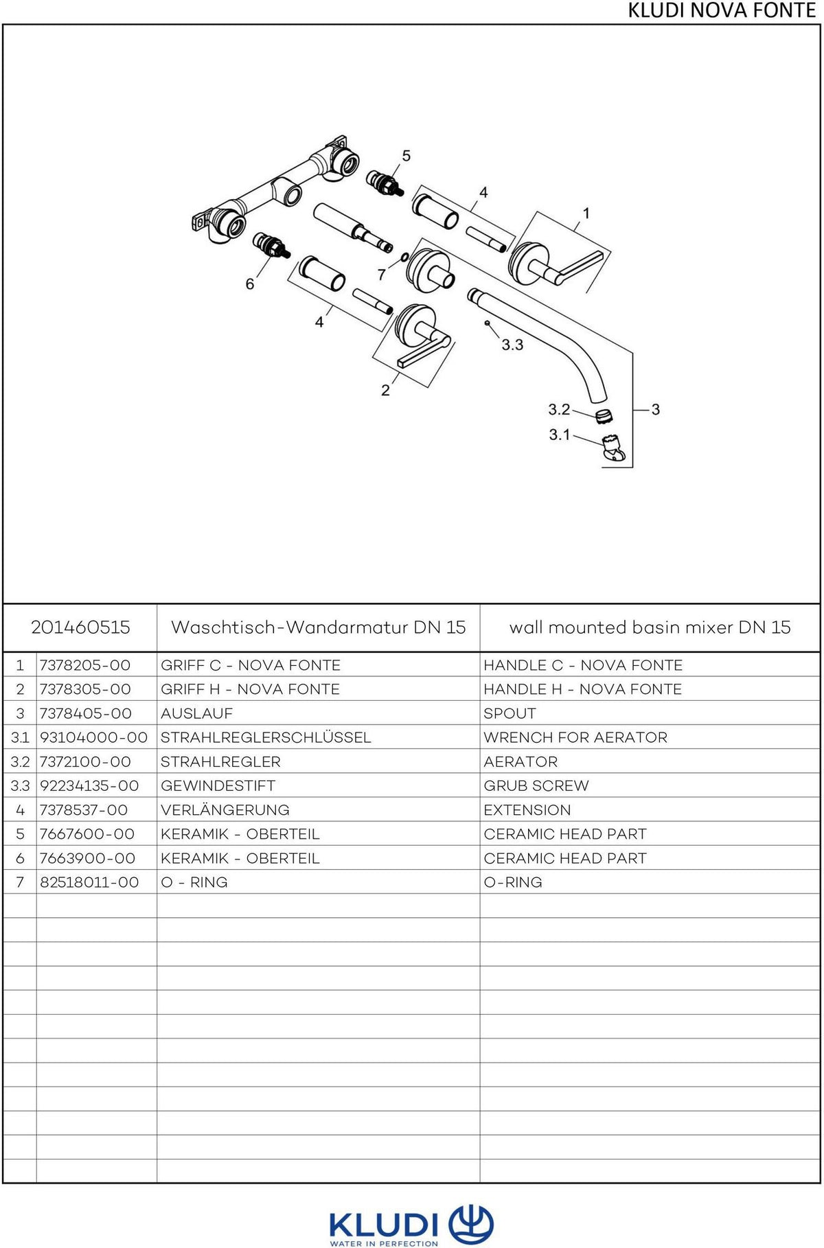 KLUDI NOVA FONTE 3-Loch-Waschtischarmatur PURISTIC UP-Wandmontage 240 mm Chrom