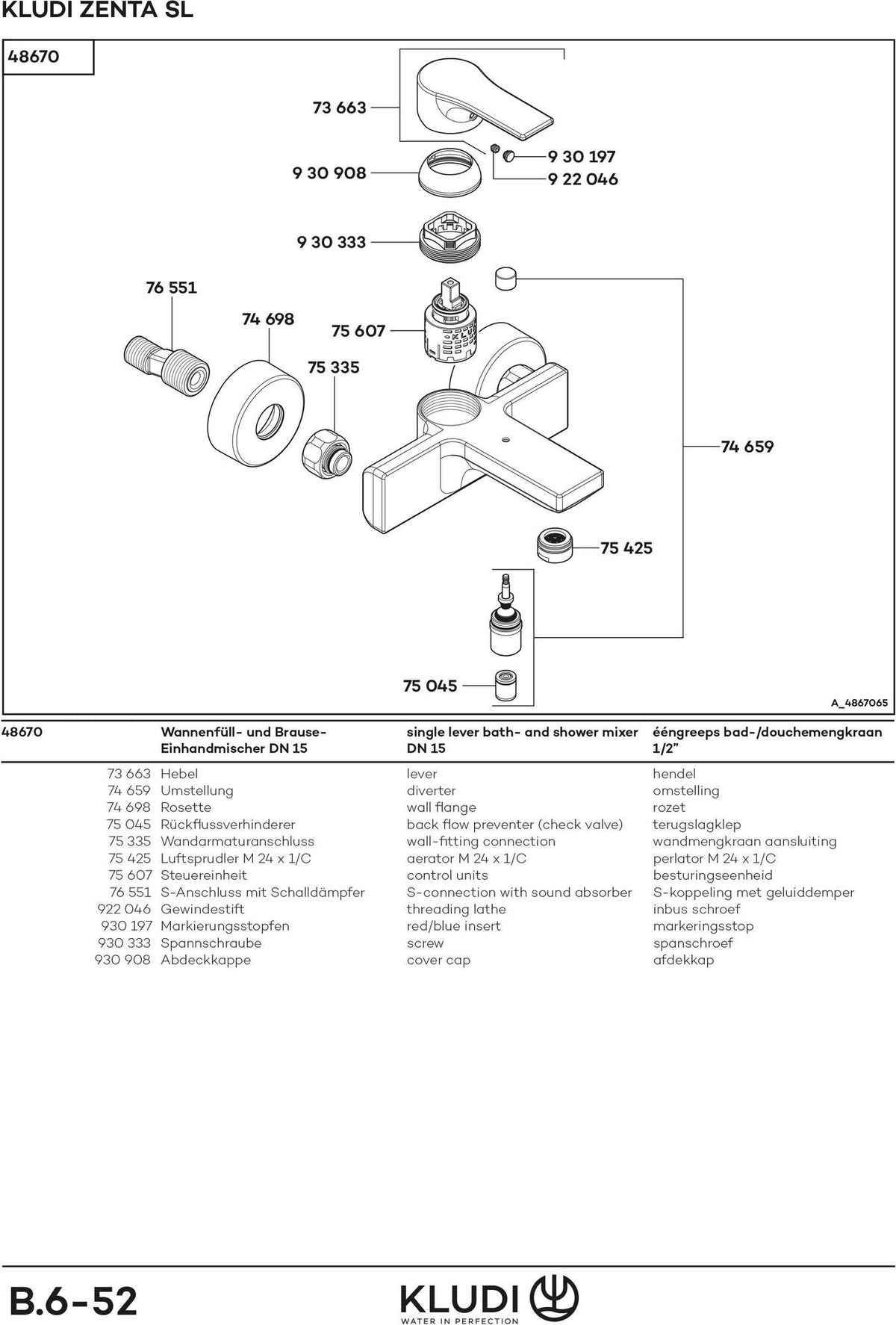 KLUDI ZENTA SL Wannenfüll- und Brause-Einhandmischer DN 15, eigensicher, chrom – Wandmontage