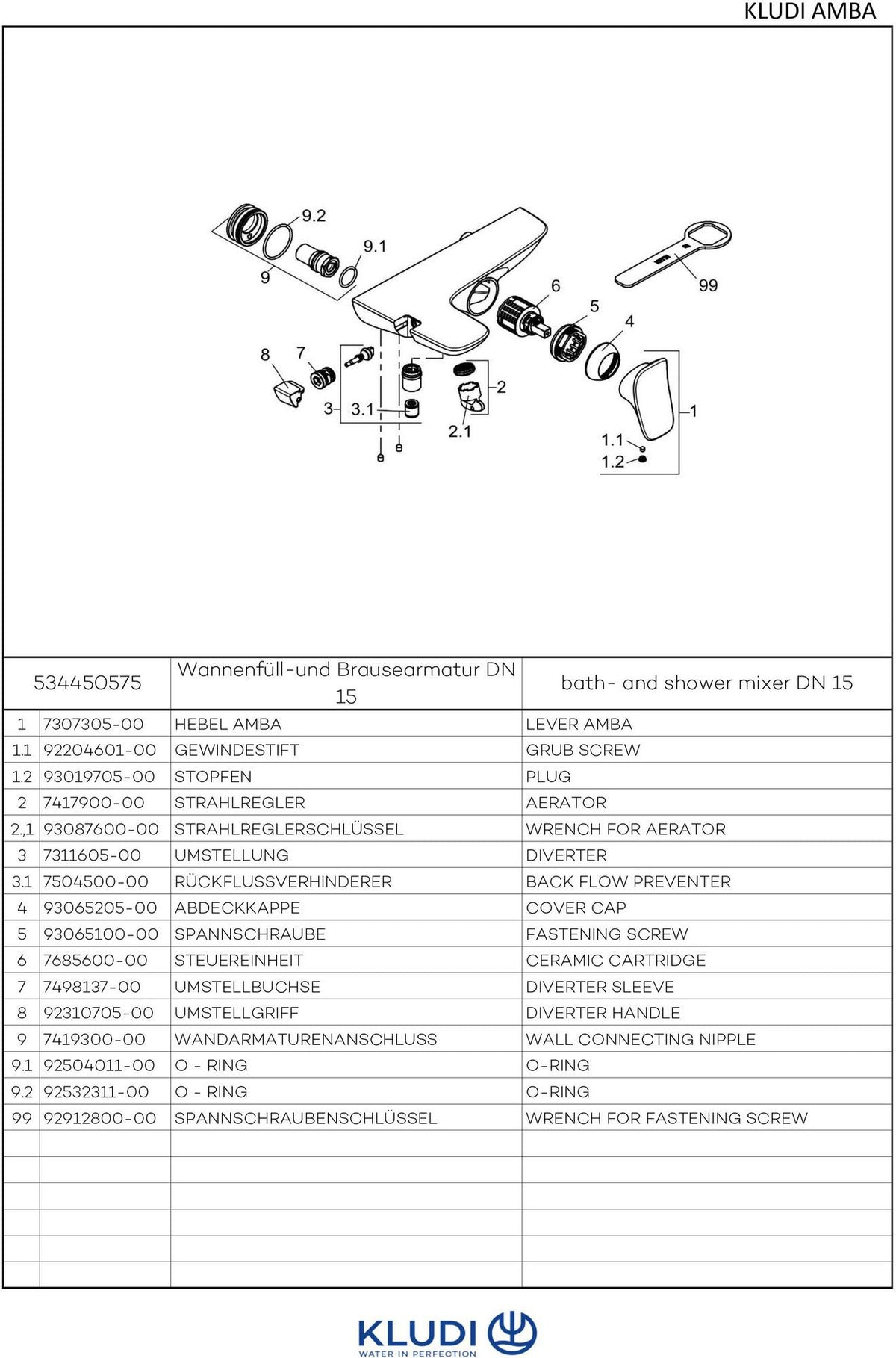 KLUDI AMBA Wannenfüll- und Brause-Einhandmischer DN 15 chrom – Wandmontage, autom. Umstellung