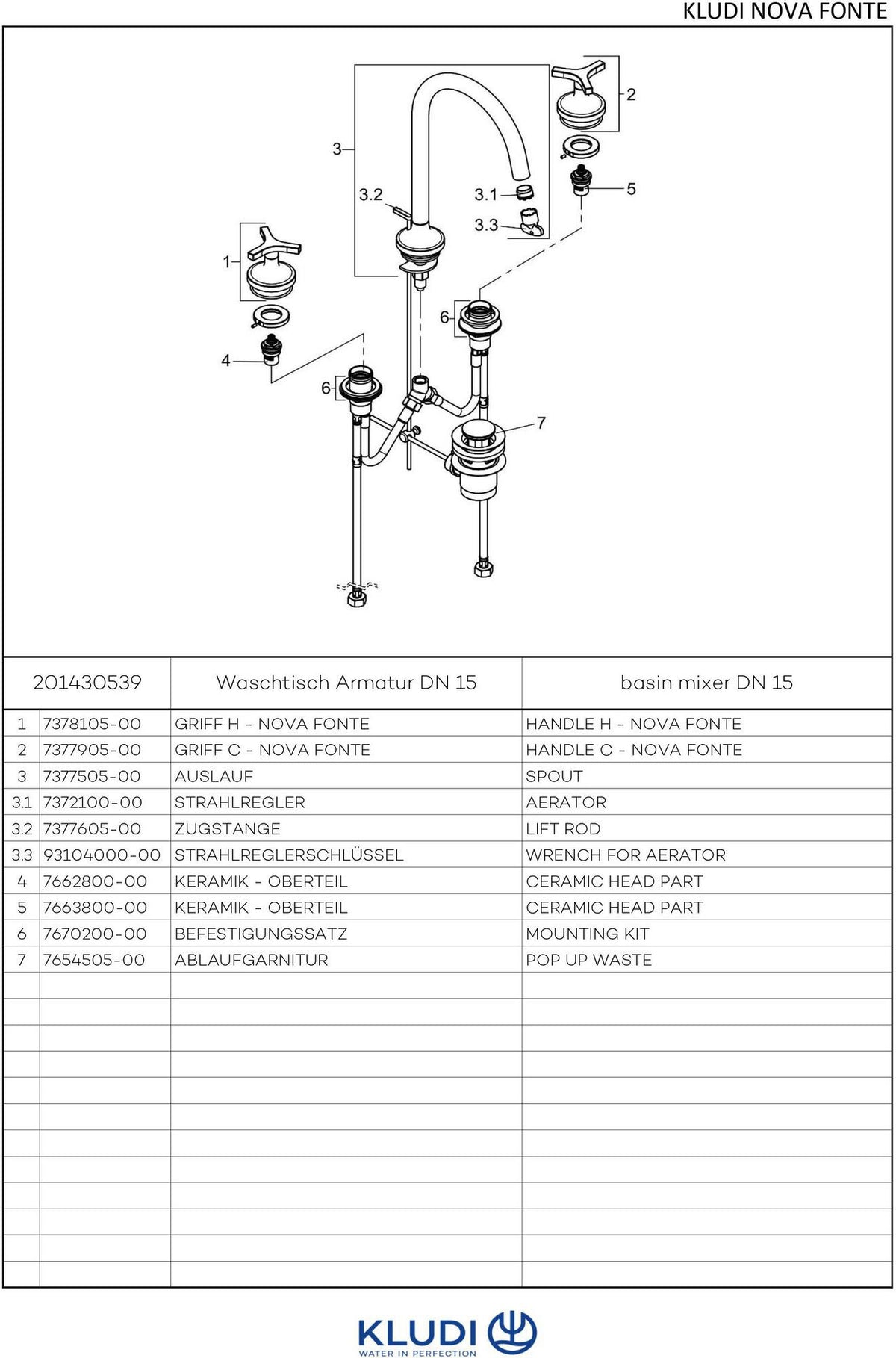 KLUDI NOVA FONTE Waschtischarmatur Deco Dreilochmontage chrom – 2-Griff-Armatur mit Ablaufgarnitur