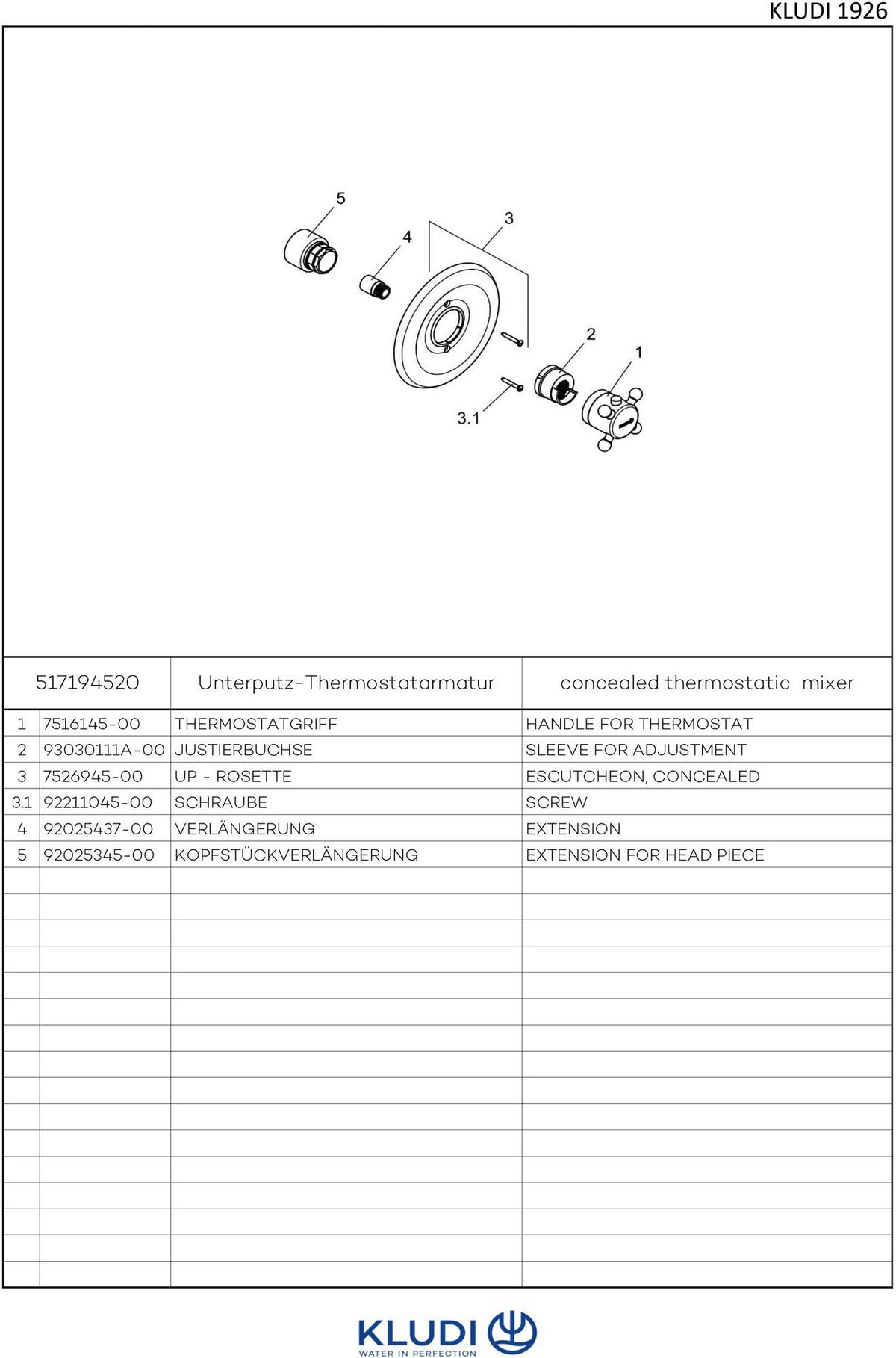 KLUDI 1926 UP-Thermostatarmatur Feinbau-Set chrom – thermostatische Temperaturregelung