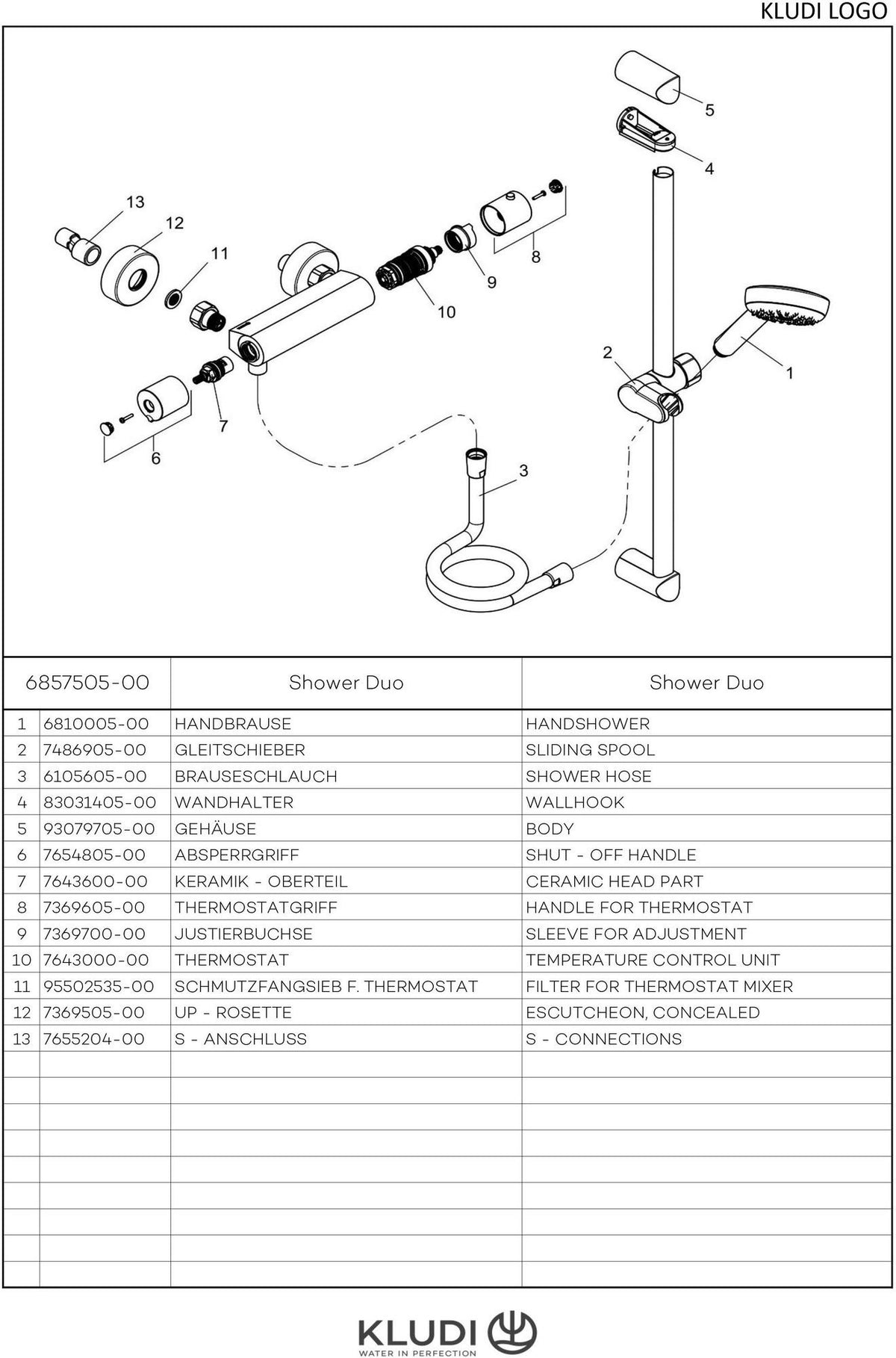 KLUDI LOGO Shower-Duo 1S Wandstange 600 mm chrom – Thermostat-Brausearmatur mit Verbrühschutz