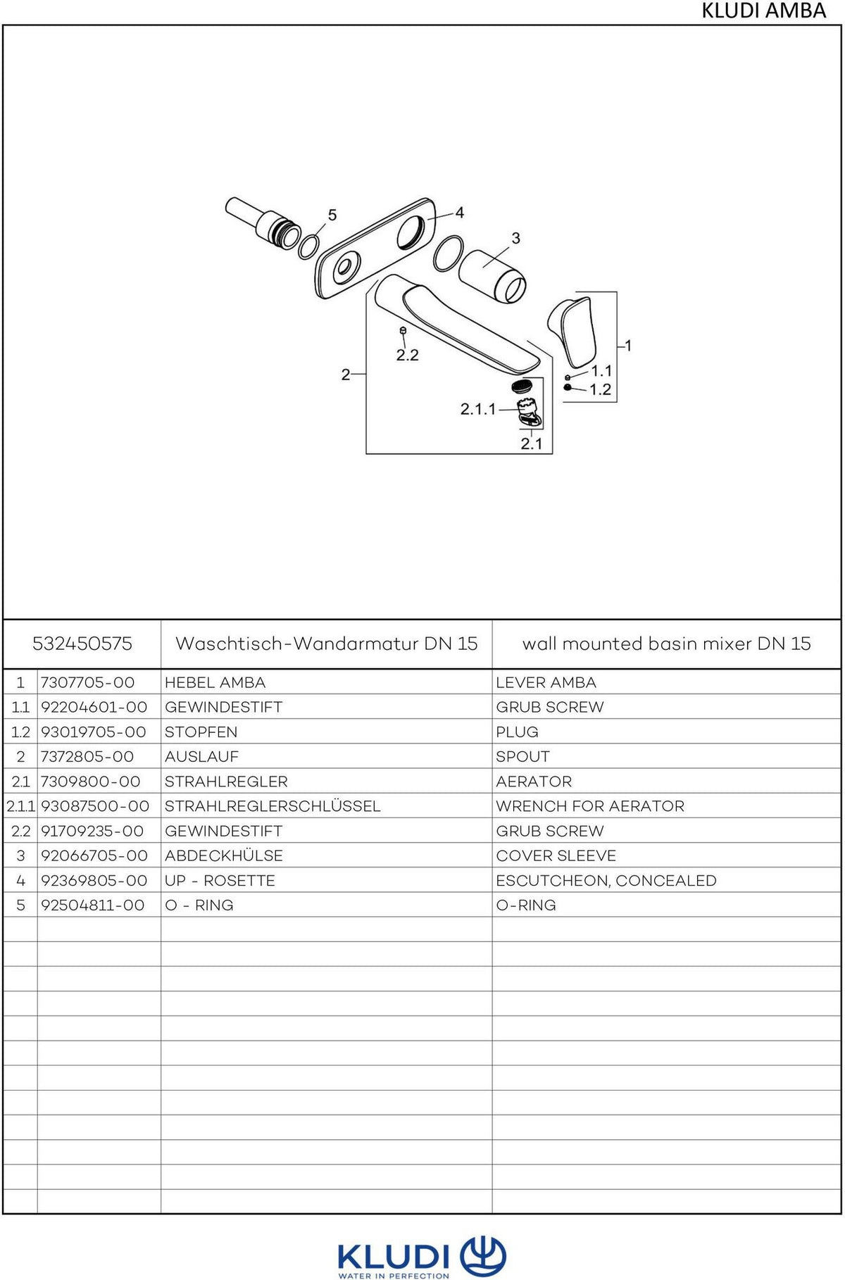 KLUDI AMBA Unterputz-Waschtisch-Wand-Einhandmischer 2-Loch chrom Ausladung 226 mm