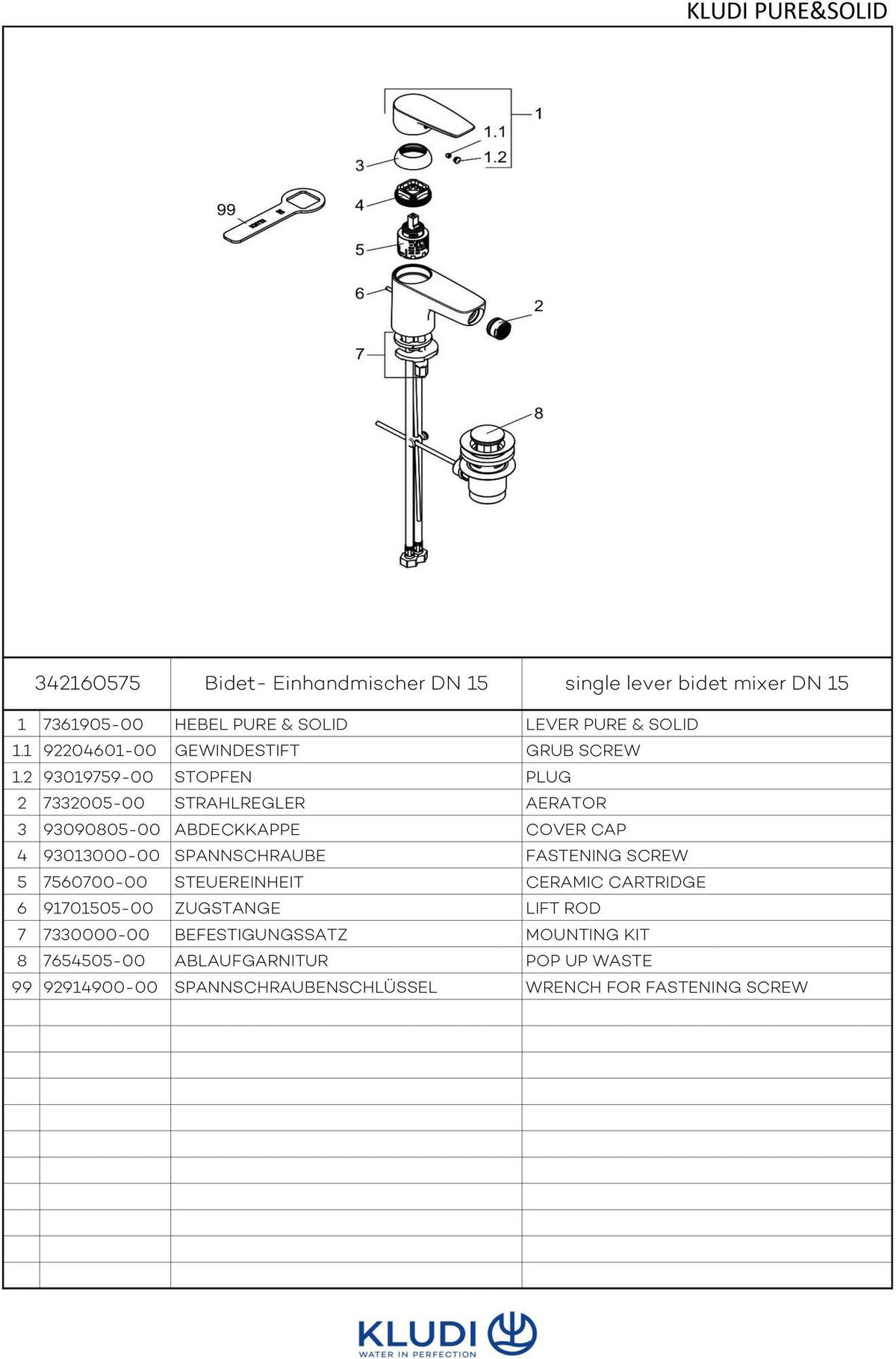 KLUDI PURE & SOLID Bidet-Einhandhebelmischer mit Metallablaufgarnitur, chrom – 1-Loch-Montage