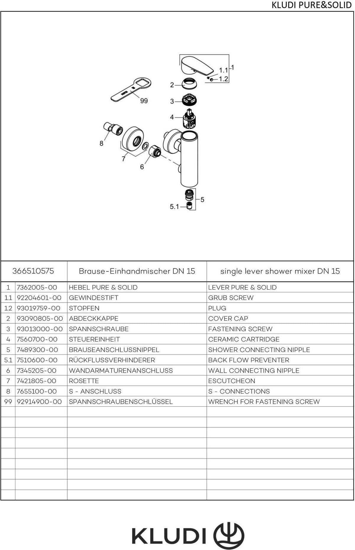 KLUDI PURE&SOLID Brause-Einhandmischer DN 15 – Vertikale Blockarmatur, Chrom, 75 mm Mittenabstand