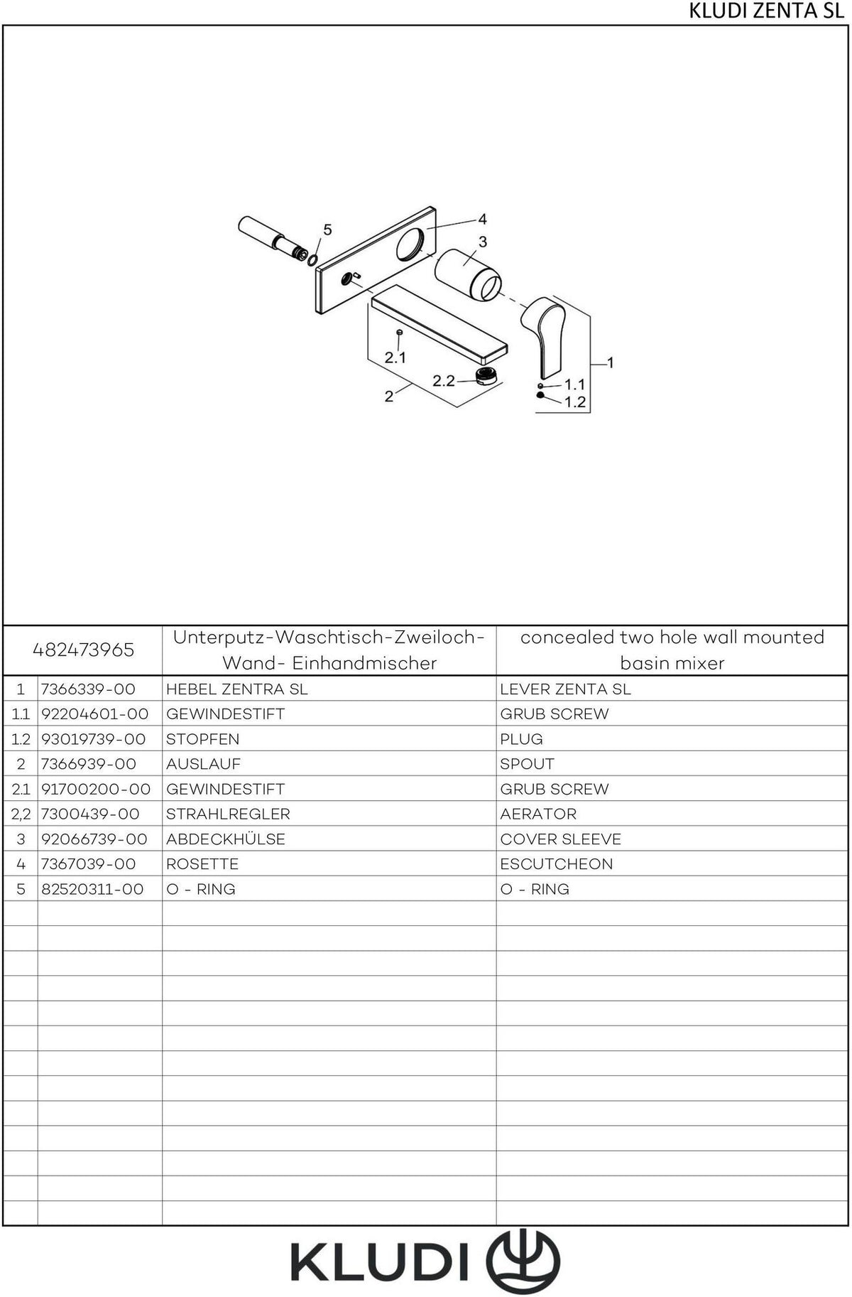 KLUDI ZENTA SL Unterputz-Waschtisch-Einhandmischer Wand-Armatur DN 15 chrom – 2-Loch, Ausladung 180 mm